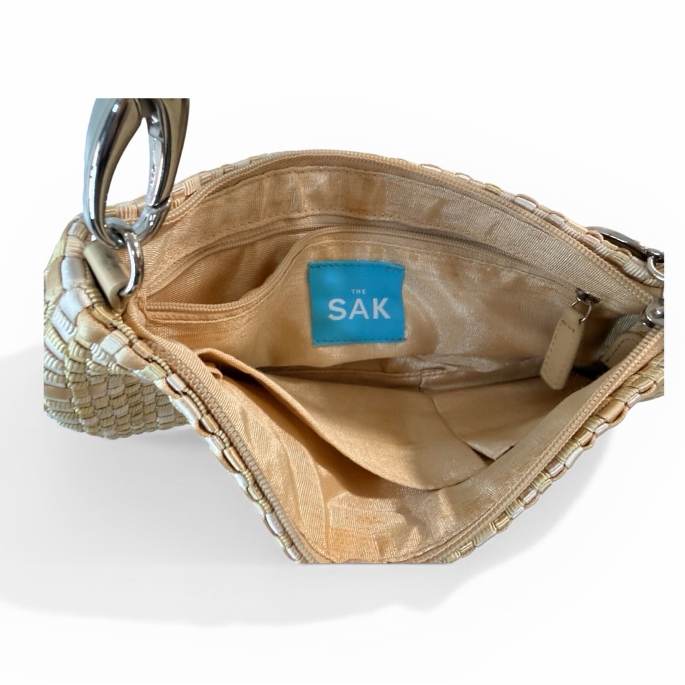 The Sak Woven Ribbon Baguette Shoulder Bag Beige Gold Braided Strap - Picture 3 of 5